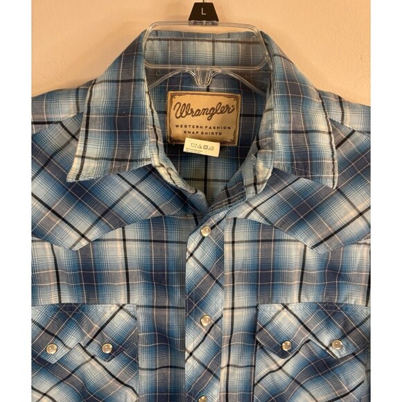 WRANGLER Plaid Pearl Snap Shirt Mens Medium Blue Western Cowboy Chest Pockets - Picture 6 of 10